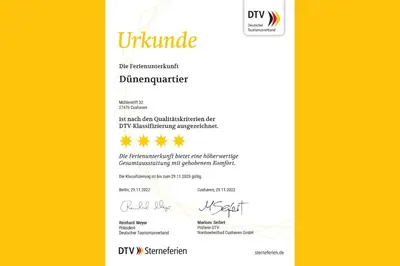 Ein Zertifikat, Auszeichnung, Logo oder anderes Dokument, das in der Unterkunft Dünenquartier Cuxhaven ausgestellt ist