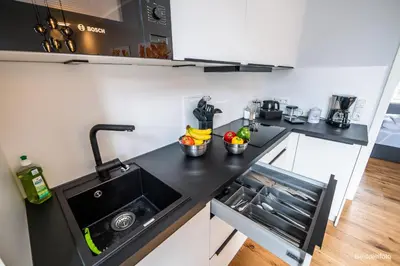 Küche/Küchenzeile in der Unterkunft 4 Zimmer neues luxuriöses City Apartment Terrasse tolle Einzelbetten ruhig