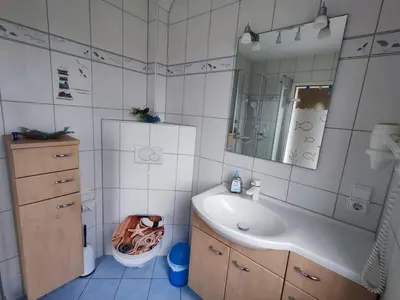 Ein Badezimmer in der Unterkunft 4 Personen Fachwerkhaus in erster Reihe zum Deich mit Badewanne und Kamin