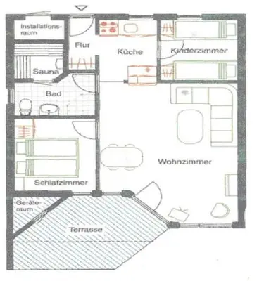 Grundriss der Unterkunft 4 Personen Ferienhaus mit privatem Bootsteg, direkter Seelage, Kanu und Sauna in Otterndorf