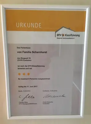 Ein Zertifikat, Auszeichnung, Logo oder anderes Dokument, das in der Unterkunft Am Ringwall 76 ausgestellt ist